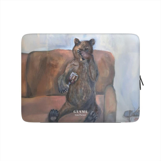 "Tipsy Bear" laptop sleeve featuring artwork by Linos Pociūtės, front view
